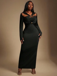 Radiana Plus Size Women's Black Elegant Formal Dinner Evening Maxi Dress,Autumn Metal Decoration Knot Ruched Crossover Neckline Party Prom Cocktail Gown - Black - View 5