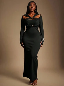 Radiana Plus Size Women's Black Elegant Formal Dinner Evening Maxi Dress,Autumn Metal Decoration Knot Ruched Crossover Neckline Party Prom Cocktail Gown - Black - View 3