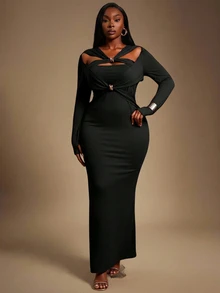 Radiana Plus Size Women's Black Elegant Formal Dinner Evening Maxi Dress,Autumn Metal Decoration Knot Ruched Crossover Neckline Party Prom Cocktail Gown - Black - View 4