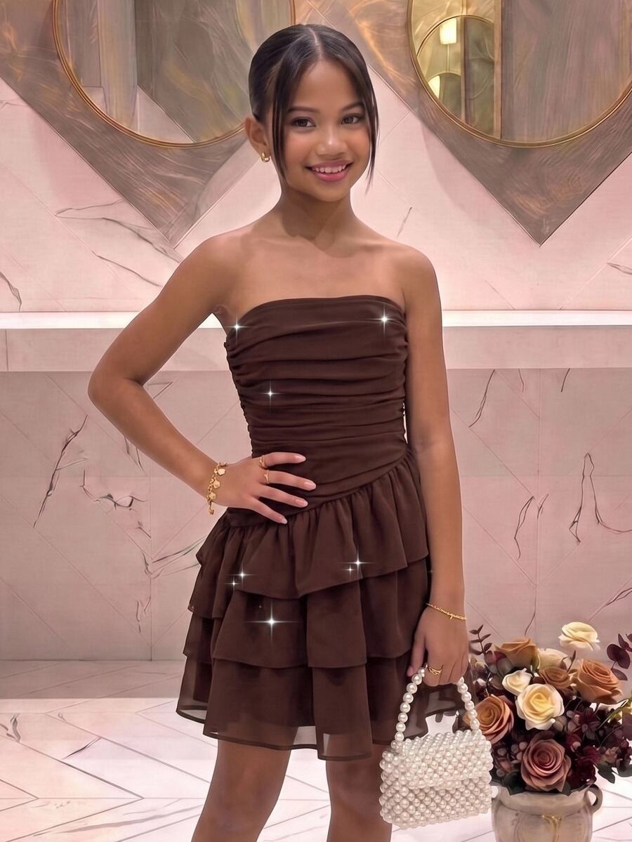 SHEIN Pitira Tween Girl Tween Girl Brown Chiffon Tiered Layer Ruched Strapless High Waist A-Line Short Party Dress Birthday Vacation Thanksgiving,New Year,Prom - Brown - View 1