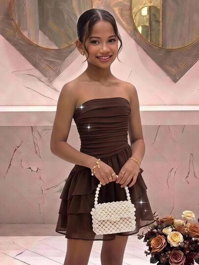 SHEIN Pitira Kids Tween Girl Tween Girls Brown Chiffon Tiered Layer Ruched Strapless High Waist A-Line Short Party Dress Summer Birthday Vacation