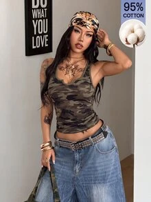 Coolane 女款夏季秋季 Y2K 日常休閒外出正式穿著 棉質彈性 橄欖綠迷彩圖案 缺口領修身細肩帶背心 - 軍綠色 - 查看 4