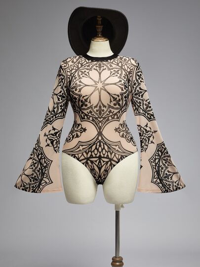 ROMWE Dark Gothic Church Vintage Floral Pattern Sexy Mesh Sheer Bell Sleeve Plus Size Bodysuit