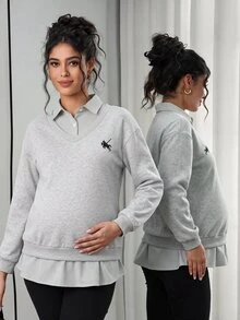 SHEIN Autumn/Winter Black & White Striped Patchwork 2 In 1 Grey Maternity Sweatshirt, Printed Fashion Casual Loose Everyday - Multicolor - View 3