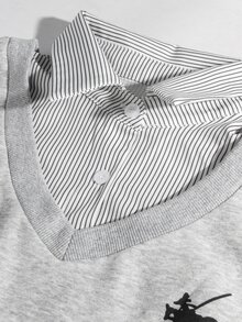 SHEIN Autumn/Winter Black & White Striped Patchwork 2 In 1 Grey Maternity Sweatshirt, Printed Fashion Casual Loose Everyday - Multicolor - View 9
