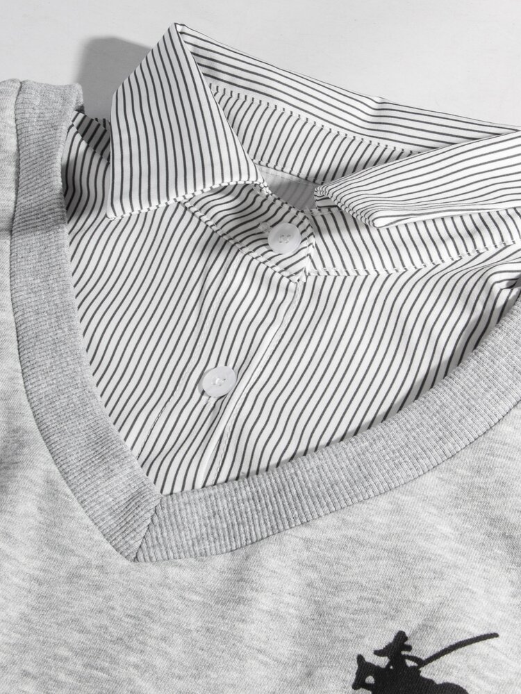 SHEIN 秋冬款黑白條紋拼接 2 合 1 灰色孕婦衛衣，印花時尚休閒寬鬆日常款 - 彩色 - 查看 9