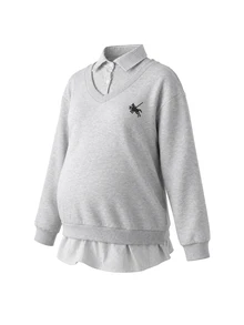 SHEIN Autumn/Winter Black & White Striped Patchwork 2 In 1 Grey Maternity Sweatshirt, Printed Fashion Casual Loose Everyday - Multicolor - View 6