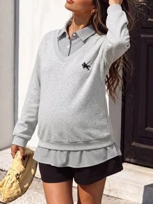 SHEIN Autumn/Winter Black & White Striped Patchwork 2 In 1 Grey Maternity Sweatshirt, Printed Fashion Casual Loose Everyday - Multicolor - View 1