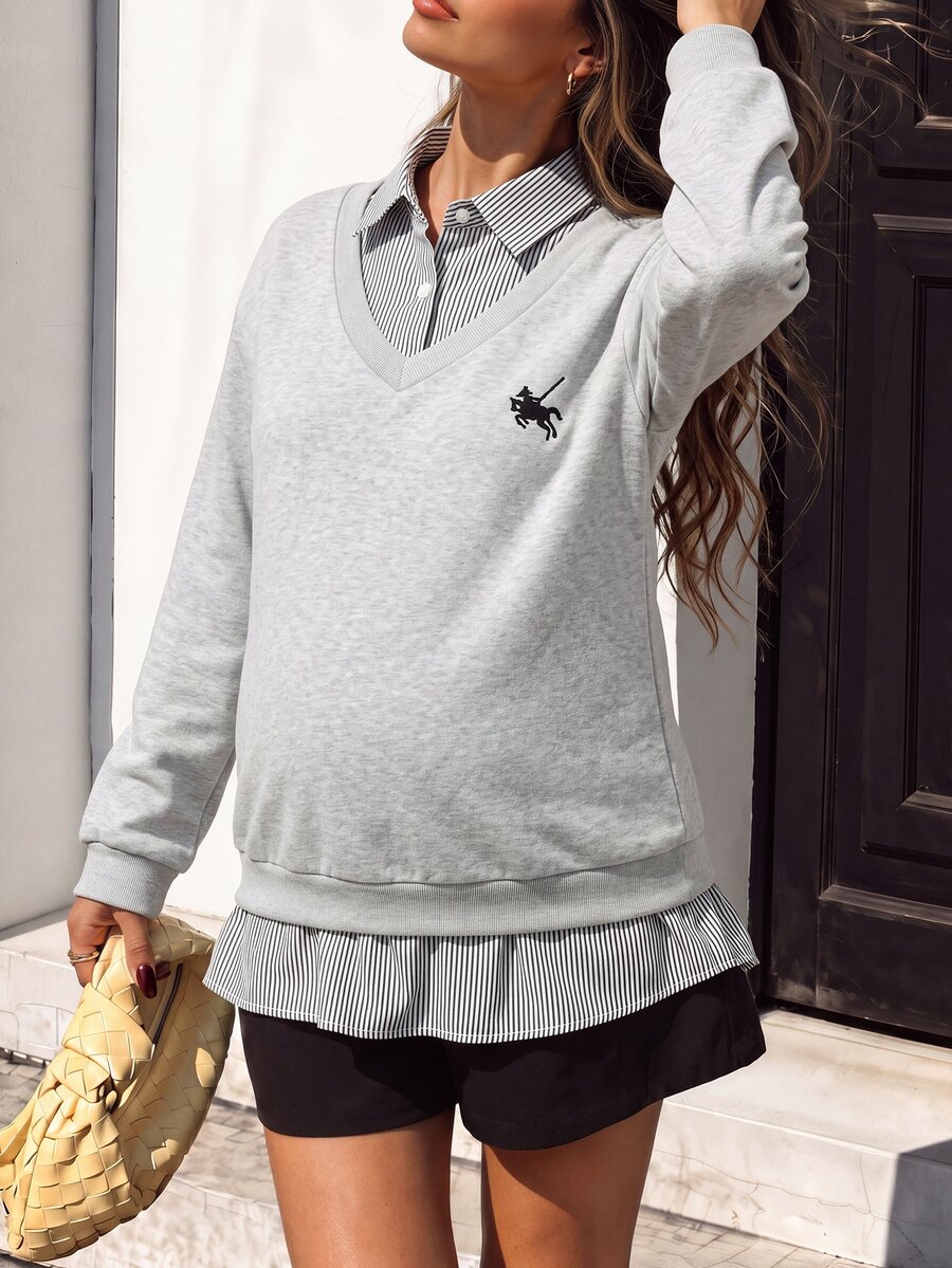 SHEIN Autumn/Winter Black & White Striped Patchwork 2 In 1 Grey Maternity Sweatshirt, Printed Fashion Casual Loose Everyday - Multicolor - View 1