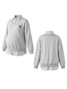 SHEIN Autumn/Winter Black & White Striped Patchwork 2 In 1 Grey Maternity Sweatshirt, Printed Fashion Casual Loose Everyday - Multicolor - View 8