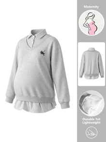 SHEIN Autumn/Winter Black & White Striped Patchwork 2 In 1 Grey Maternity Sweatshirt, Printed Fashion Casual Loose Everyday - Multicolor - View 4