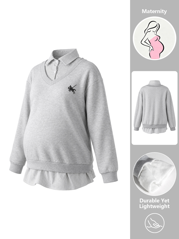 SHEIN 秋冬款黑白條紋拼接 2 合 1 灰色孕婦衛衣，印花時尚休閒寬鬆日常款 - 彩色 - 查看 4