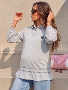 SHEIN Autumn/Winter Black & White Striped Patchwork 2 In 1 Grey Maternity Sweatshirt, Printed Fashion Casual Loose Everyday - Multicolor - View 2
