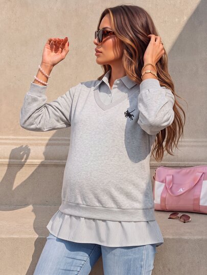 SHEIN كنزة رياضية للحوامل رمادية بتصميم 2 في 1 مع رقعات مخططة باللونين الأسود والأبيض، مطبوعة، كاجوال فضفاضة للاستخدام اليومي، خريف/شتاء