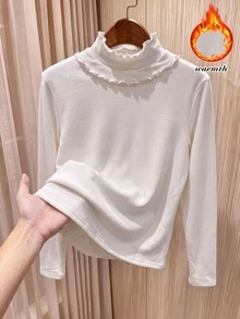 Rusticease Fall/Winter Women's High Neck Solid Color Fashion Minimalist Versatile T-Shirt Warm Casual Blouses For Women All-Match Tops - White - View 2