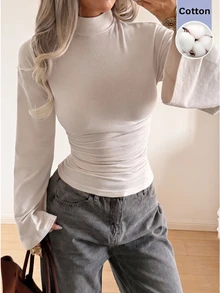 SHEIN EZwear Apricot Elastic Knit Women's Stand Collar Pleated T-Shirt - Apricot - View 5