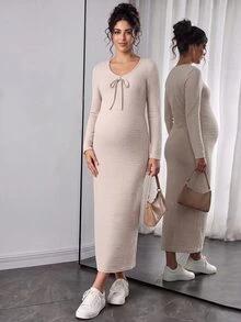 SHEIN Maternity Solid Color Front Tie Long Sleeve Fitted Casual Dress - Apricot - View 2