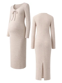 SHEIN Maternity Solid Color Front Tie Long Sleeve Fitted Casual Dress - Apricot - View 8