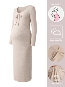 SHEIN Maternity Solid Color Front Tie Long Sleeve Fitted Casual Dress - Apricot - View 5