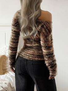 SHEIN EZwear Autumn/Winter Off-Shoulder Dark Color Long Sleeve Casual T-Shirt - Multicolor - View 2