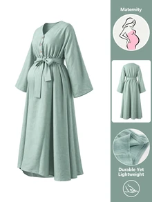 GentleRue Maternity Maternity Button V-Neck Minimalist Casual Romantic Nursing Dress Fall Baby Shower Breastfeeding Sage Green - Green - View 4