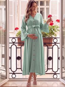 GentleRue Maternity Maternity Button V-Neck Minimalist Casual Romantic Nursing Dress Fall Baby Shower Breastfeeding Sage Green - Green - View 2