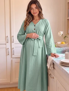 GentleRue Maternity Maternity Button V-Neck Minimalist Casual Romantic Nursing Dress Fall Baby Shower Breastfeeding Sage Green - Green - View 3