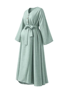 GentleRue Maternity Maternity Button V-Neck Minimalist Casual Romantic Nursing Dress Fall Baby Shower Breastfeeding Sage Green - Green - View 6