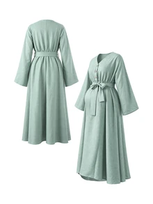 GentleRue Maternity Maternity Button V-Neck Minimalist Casual Romantic Nursing Dress Fall Baby Shower Breastfeeding Sage Green - Green - View 7