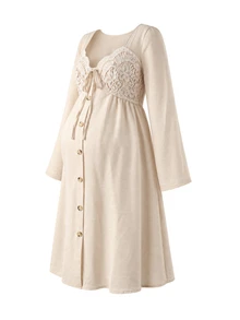 GentleRue Maternity Maternity Long Sleeve Sweetheart Neckline Bow Decor Button Dress - Apricot - View 7