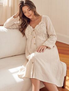 GentleRue Maternity Maternity Long Sleeve Sweetheart Neckline Bow Decor Button Dress - Apricot - View 1
