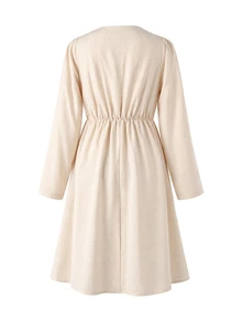 GentleRue Maternity Maternity Long Sleeve Sweetheart Neckline Bow Decor Button Dress - Apricot - View 5