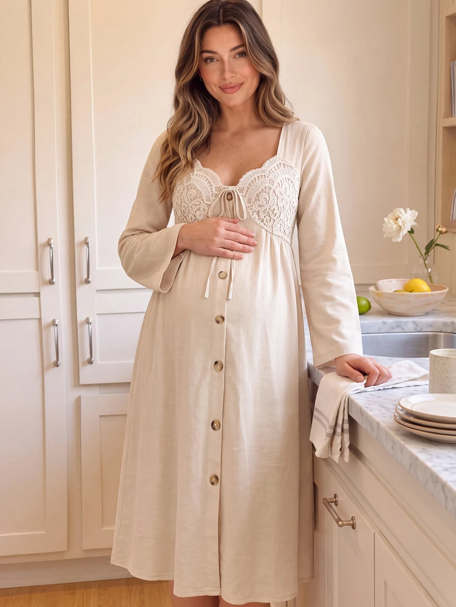 GentleRue Maternity Maternity Long Sleeve Sweetheart Neckline Bow Decor Button Dress - Apricot - View 1