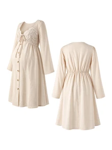 GentleRue Maternity Maternity Long Sleeve Sweetheart Neckline Bow Decor Button Dress - Apricot - View 6