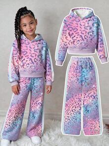 Young Girls' Hoodie Set, Gradient Colorful Leopard Print Hooded Sweatshirt Set, Dreamy Pink Blue Purple Gradient Base Color, Shiny Metallic Leopard Print All-Over Pattern, Casual Loose Fit - Multicolor - View 1