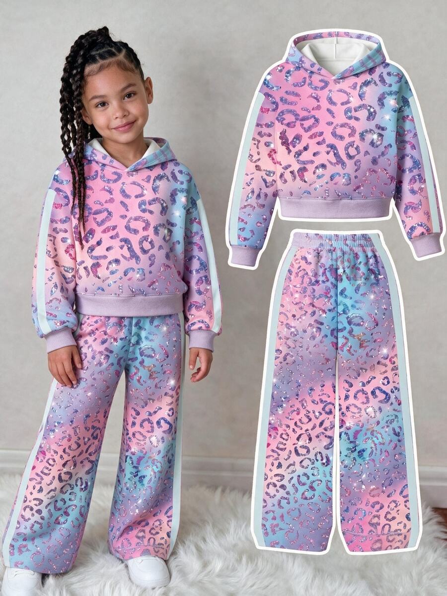 Young Girls' Hoodie Set, Gradient Colorful Leopard Print Hooded Sweatshirt Set, Dreamy Pink Blue Purple Gradient Base Color, Shiny Metallic Leopard Print All-Over Pattern, Casual Loose Fit - Multicolor - View 1