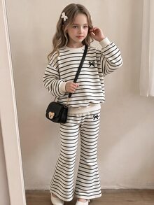 Young Girls Fall Bow Pattern Striped Long Sleeve Sweatshirt & Flare Sweatpants Set, Casual Autumn Outfit - Black and White - View 1