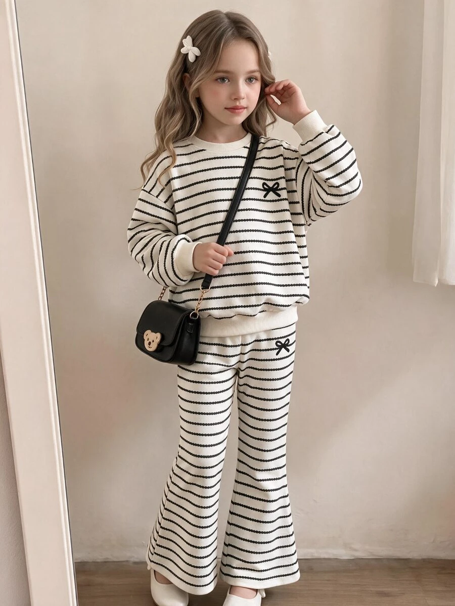 Young Girls Fall Bow Pattern Striped Long Sleeve Sweatshirt & Flare Sweatpants Set, Casual Autumn Outfit - Black and White - View 1