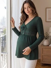 SHEIN ملابس علوية حوامل بلون موحد مع ربطة أمامية ودانتيل متباين وأكمام طويلة - أخضر - مشاهدة 3
