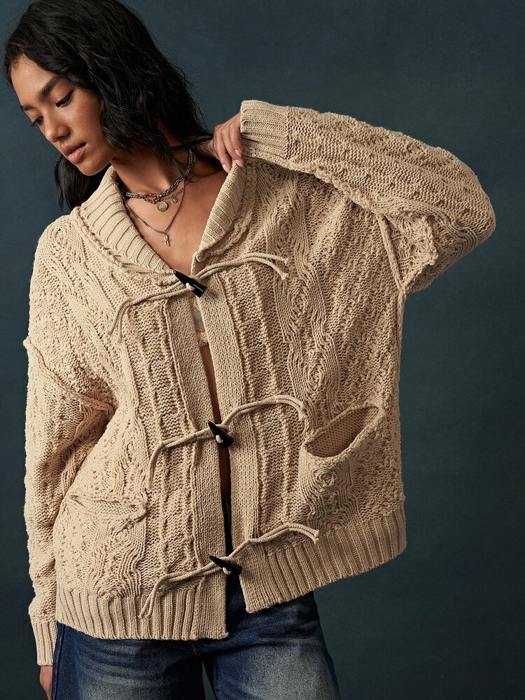Bohemela Women's Horn Button Drop Shoulder Long Sleeve Knit Cardigan - Khaki - View 5