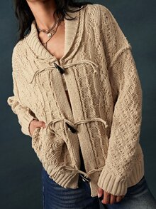 Bohemela 女款牛角扣落肩長袖針織開襟衫 米色 秋季居家日常休閒鄉村風 - 卡其色 - 查看 6