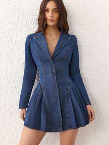 Selenza Women's Front Button Pleated Waist Denim Dress - Blue - View 4