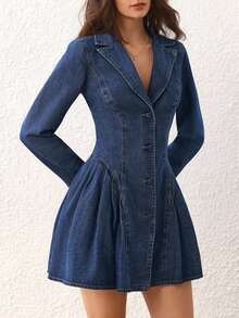 Selenza Women's Front Button Pleated Waist Denim Dress - Blue - View 5