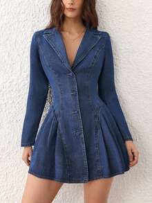 Selenza Women's Front Button Pleated Waist Denim Dress - Blue - View 7