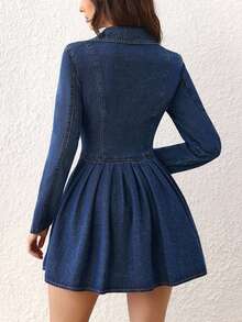 Selenza Women's Front Button Pleated Waist Denim Dress - Blue - View 8