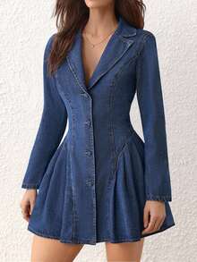 Selenza Women's Front Button Pleated Waist Denim Dress - Blue - View 3