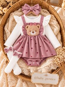 Infant Girls Sweet Cute 3D Bear Flutter Sleeve Long Sleeve Romper And Bow Leg Warmers Set, Autumn/Winter Outing Outfit, Holiday Party Wear - Pink - View 3