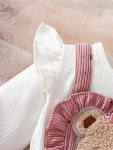 Infant Girls Sweet Cute 3D Bear Flutter Sleeve Long Sleeve Romper And Bow Leg Warmers Set, Autumn/Winter Outing Outfit, Holiday Party Wear - Pink - View 6