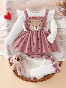 Infant Girls Sweet Cute 3D Bear Flutter Sleeve Long Sleeve Romper And Bow Leg Warmers Set, Autumn/Winter Outing Outfit, Holiday Party Wear - Pink - View 7