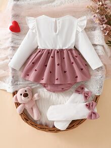 Infant Girls Sweet Cute 3D Bear Flutter Sleeve Long Sleeve Romper And Bow Leg Warmers Set, Autumn/Winter Outing Outfit, Holiday Party Wear - Pink - View 2